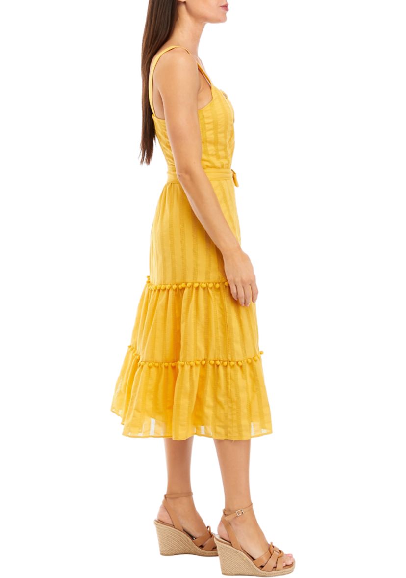 Womens Sleeveless Square Neck Button Down Tie Waist Fit and Flare Midi Dress