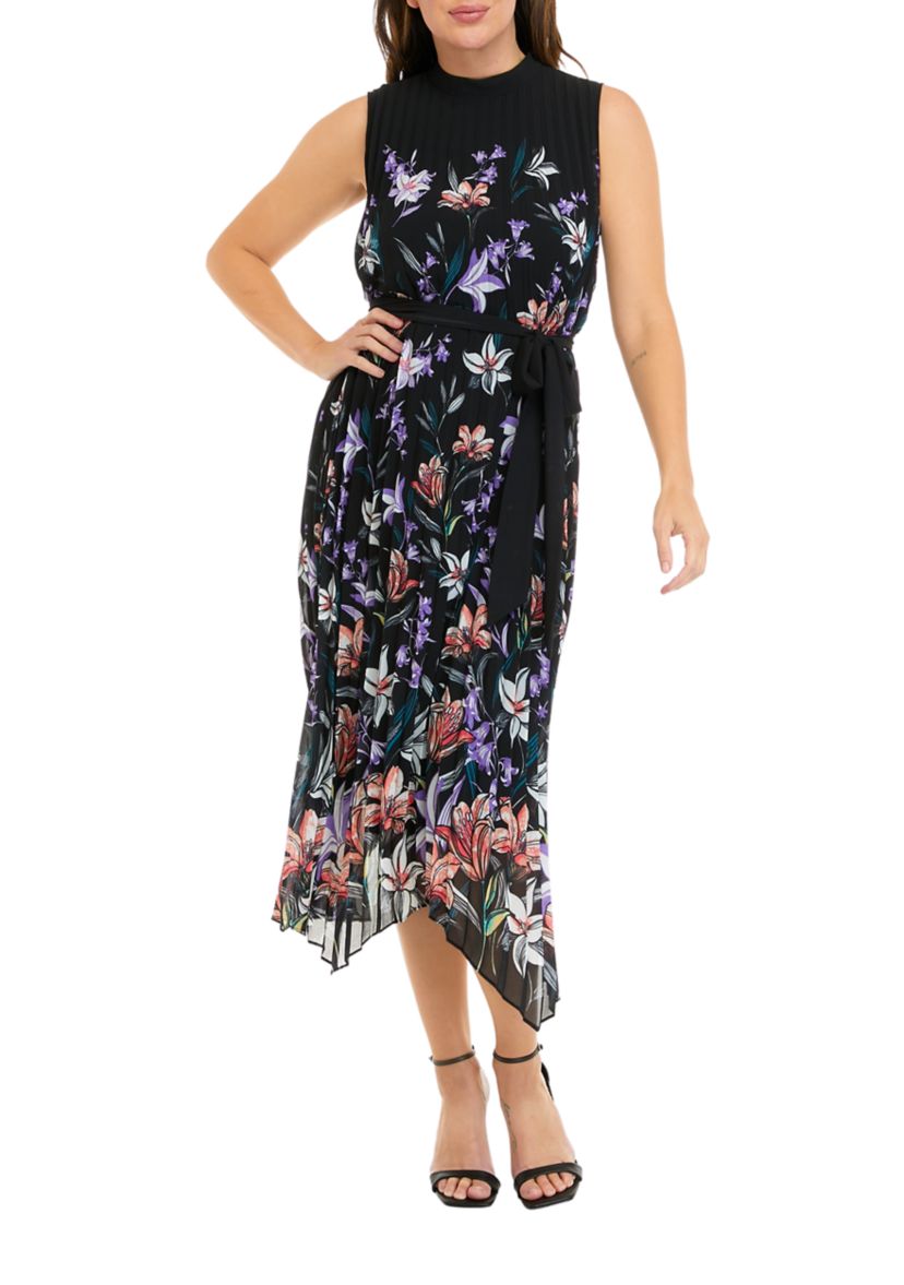Womens Sleeveless Floral Print Chiffon Pleated Midi Dress