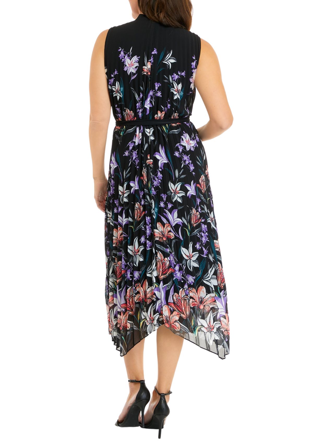 Womens Sleeveless Floral Print Chiffon Pleated Midi Dress