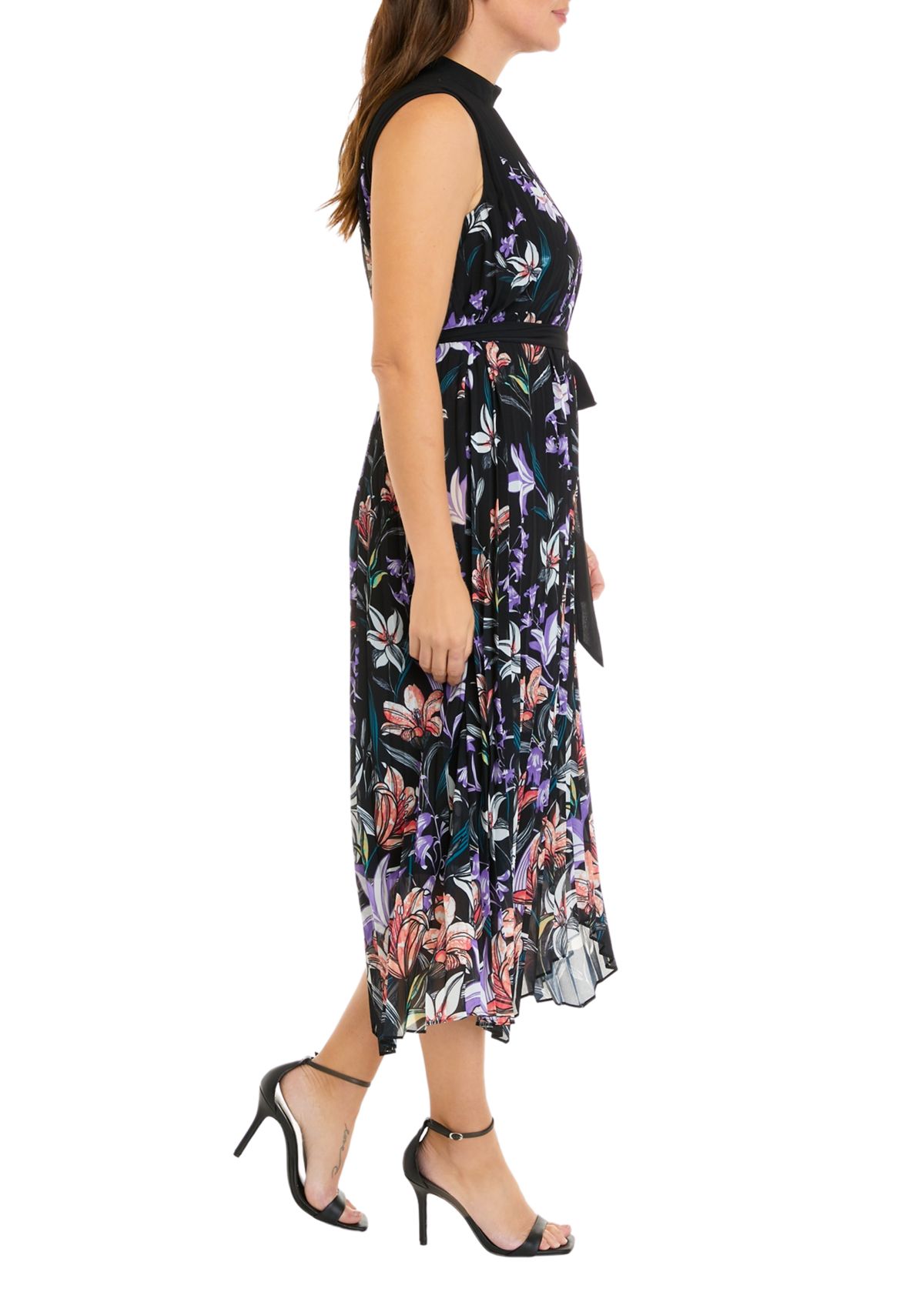 Womens Sleeveless Floral Print Chiffon Pleated Midi Dress