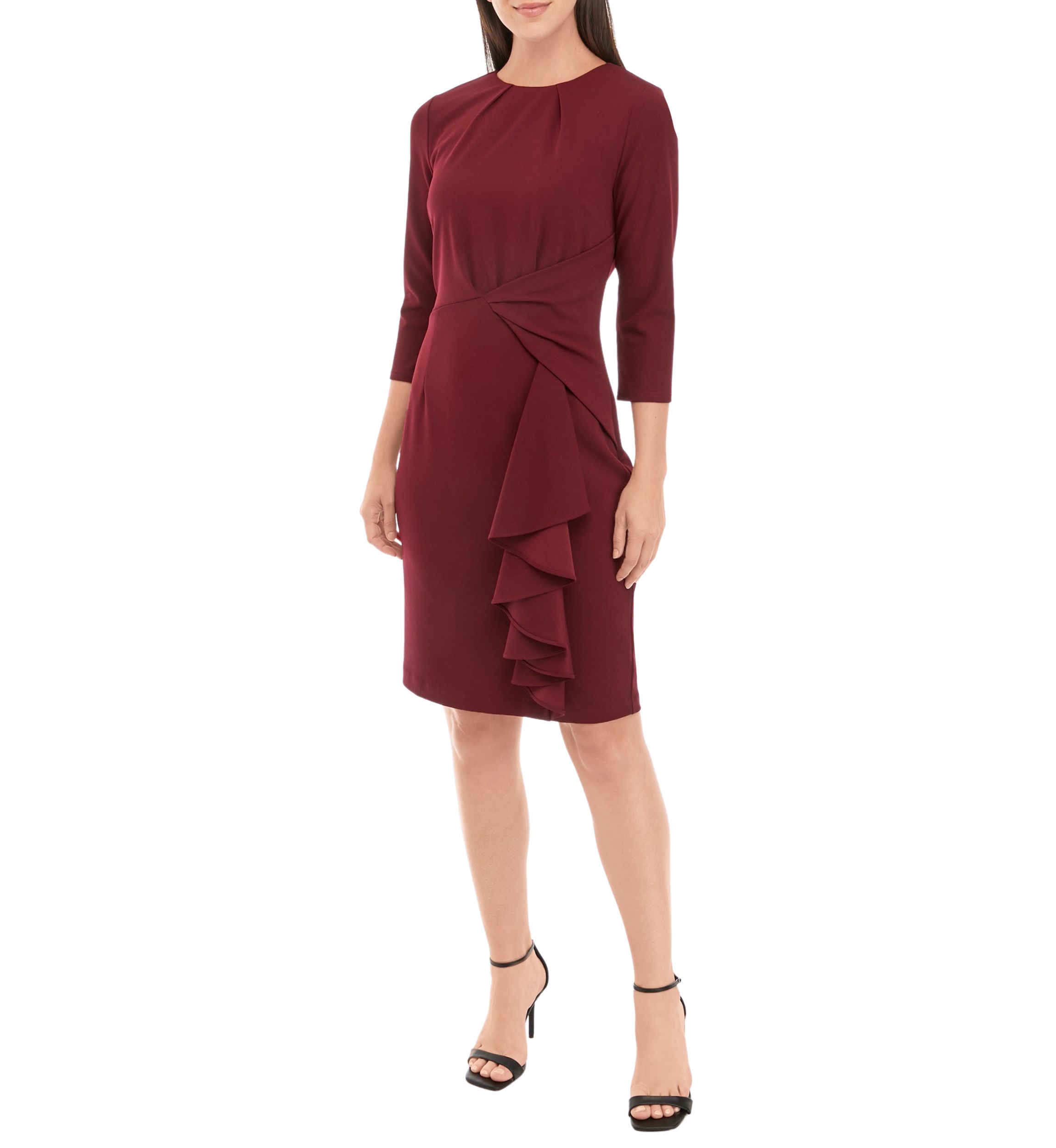 Womens 3/4 Sleeve Twist Waist Solid Sheath Dress with Ruffles