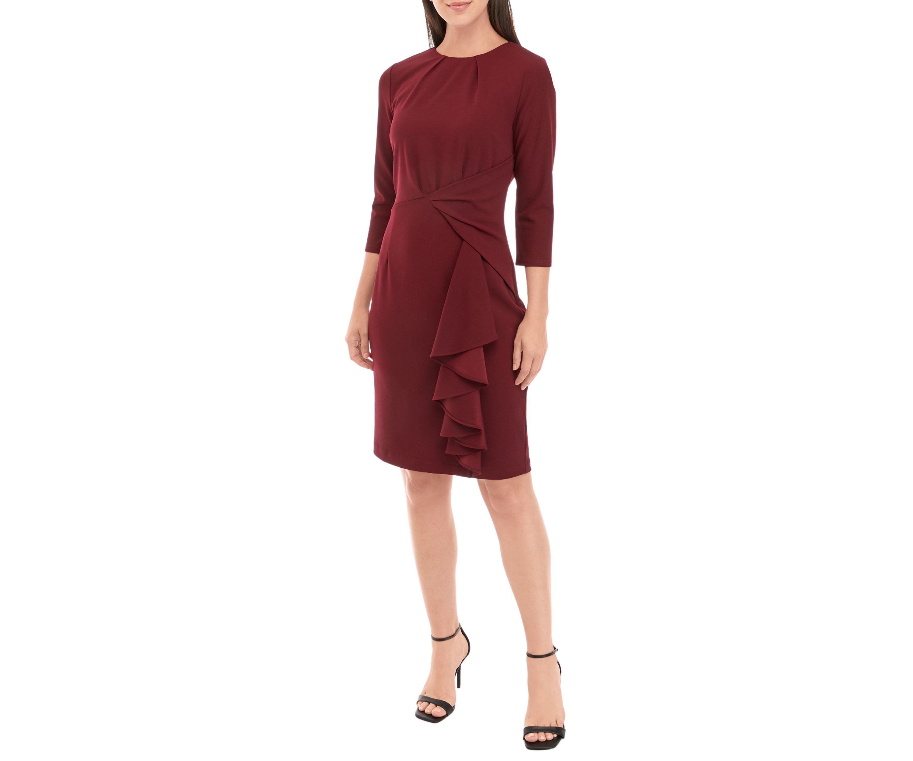 Womens 3/4 Sleeve Twist Waist Solid Sheath Dress with Ruffles
