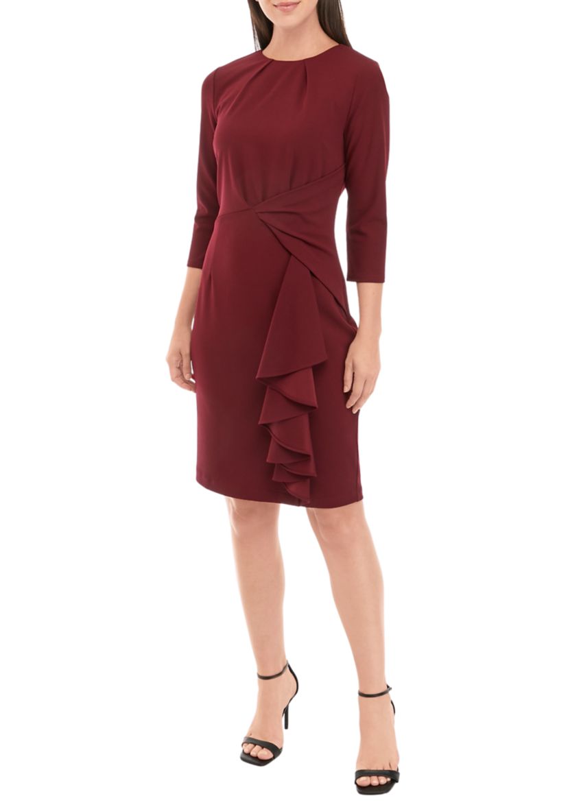 Womens 3/4 Sleeve Twist Waist Solid Sheath Dress with Ruffles