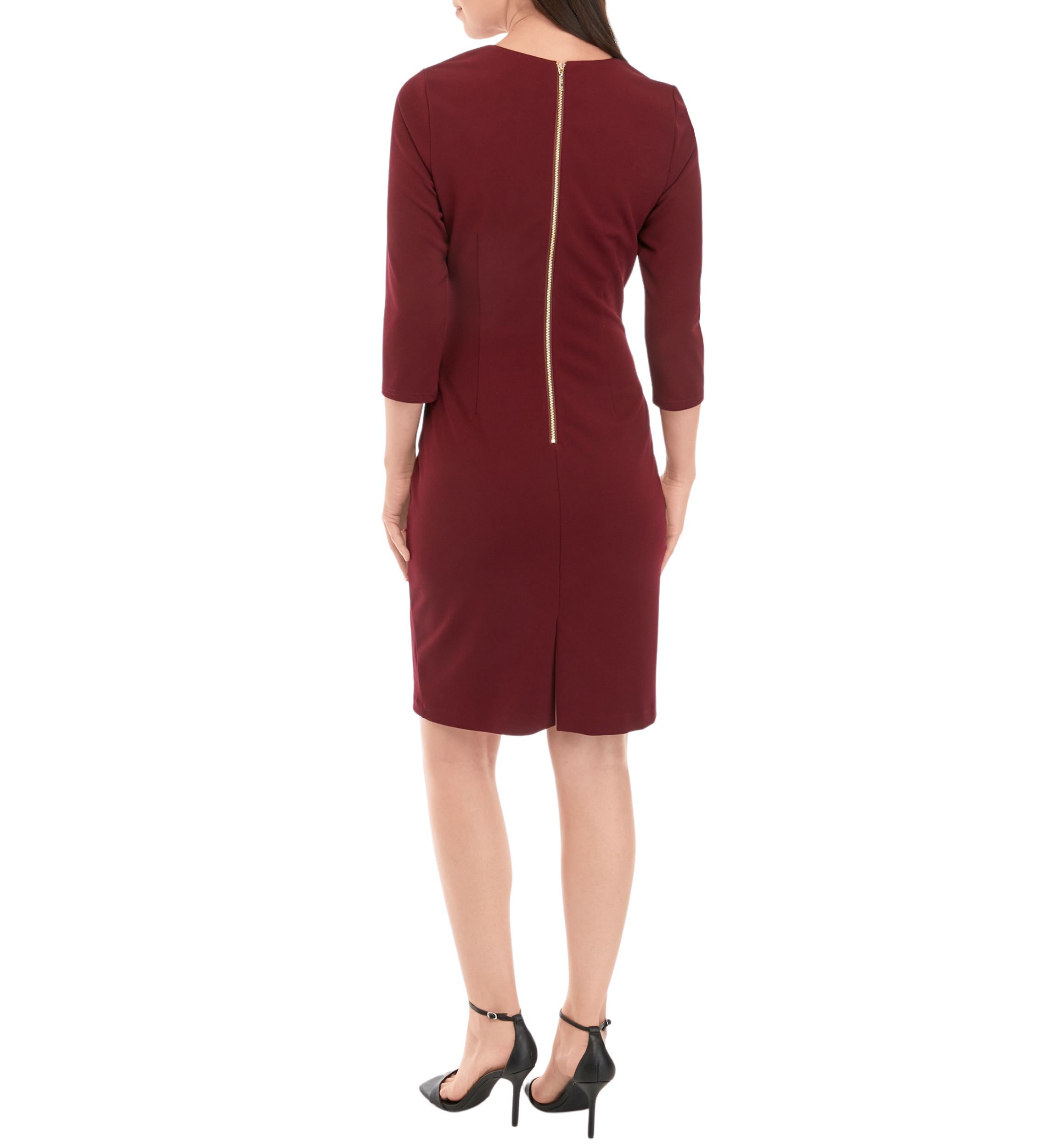Womens 3/4 Sleeve Twist Waist Solid Sheath Dress with Ruffles