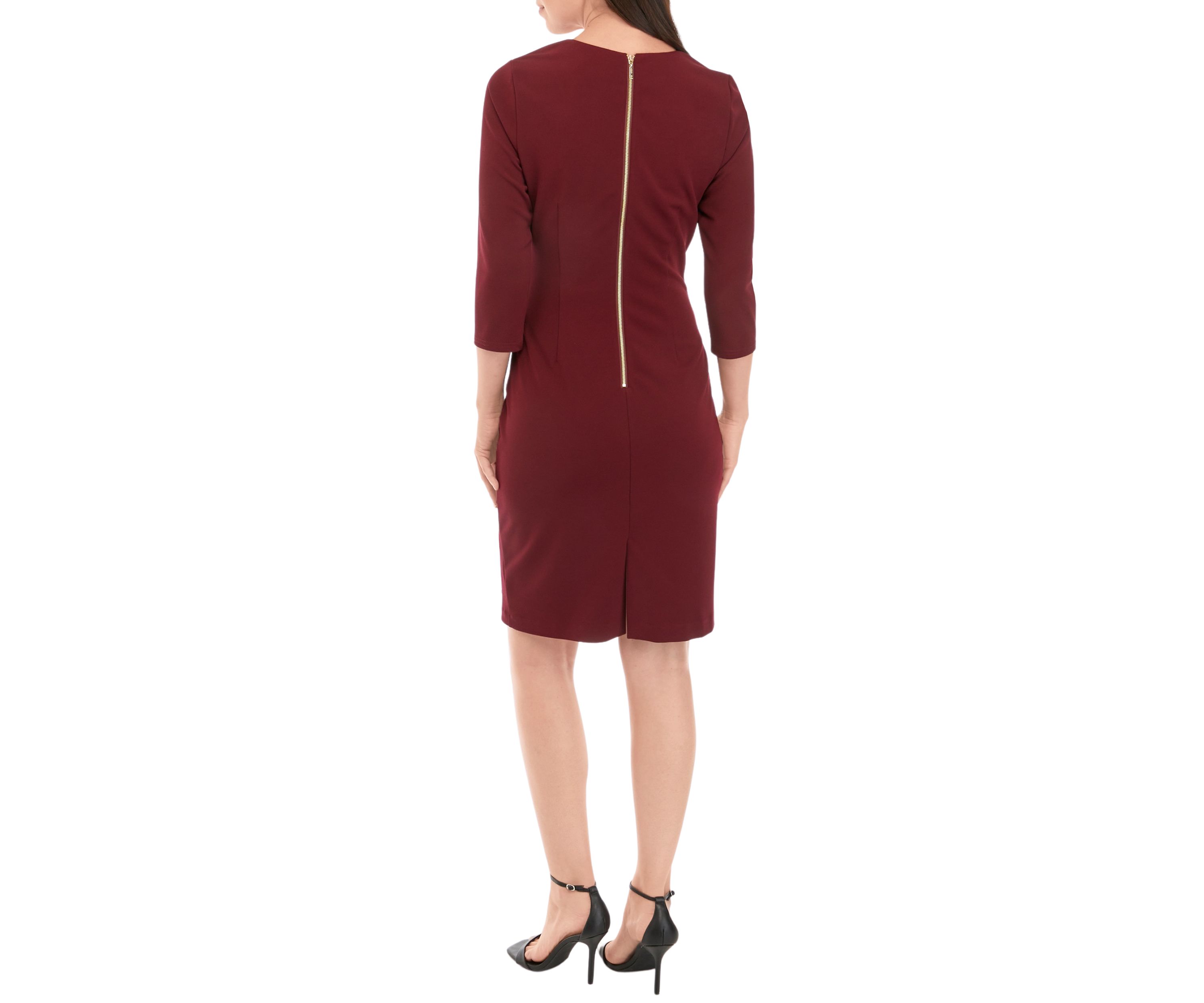 Womens 3/4 Sleeve Twist Waist Solid Sheath Dress with Ruffles
