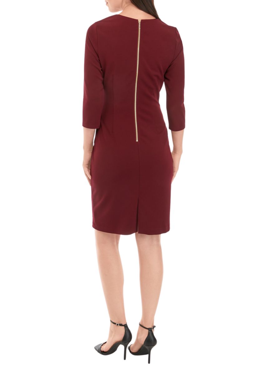 Womens 3/4 Sleeve Twist Waist Solid Sheath Dress with Ruffles