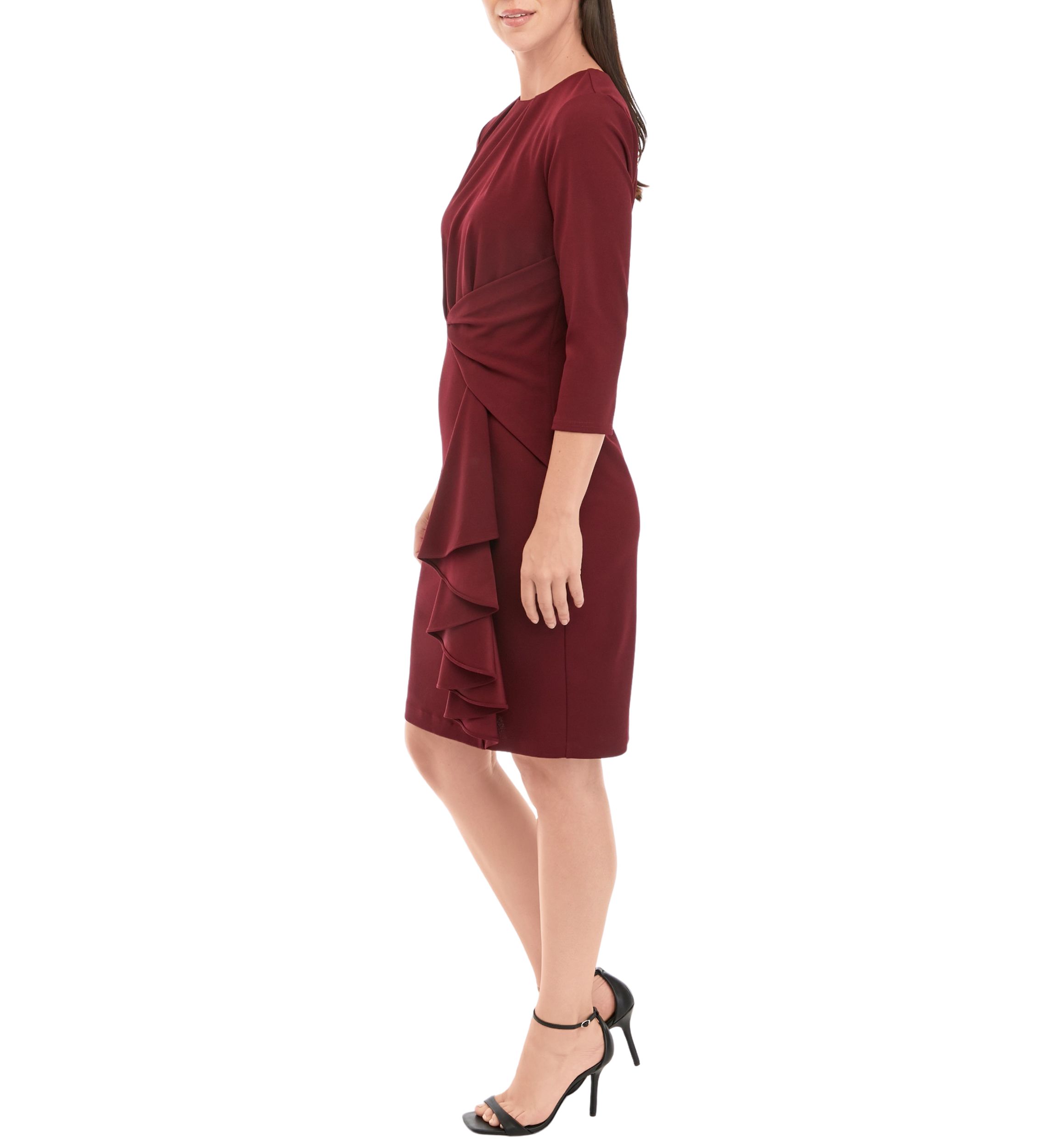 Womens 3/4 Sleeve Twist Waist Solid Sheath Dress with Ruffles