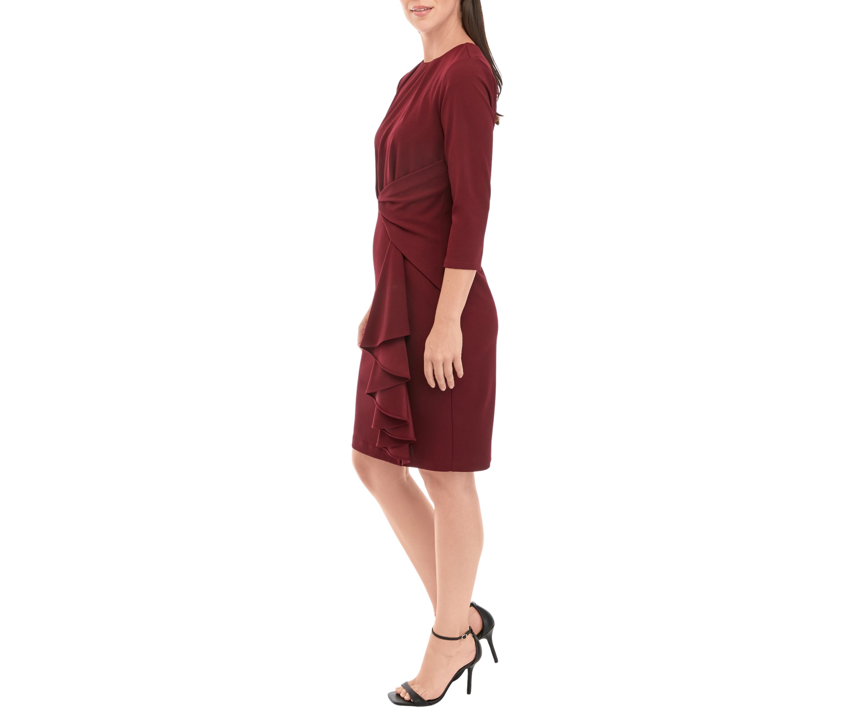 Womens 3/4 Sleeve Twist Waist Solid Sheath Dress with Ruffles