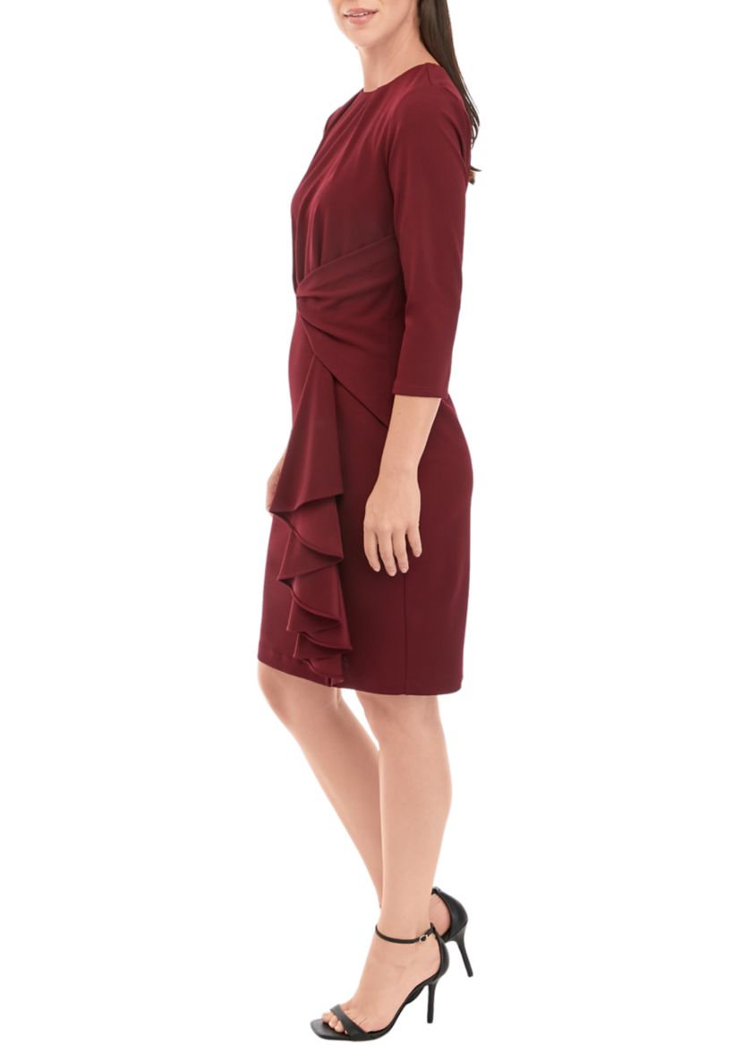 Womens 3/4 Sleeve Twist Waist Solid Sheath Dress with Ruffles