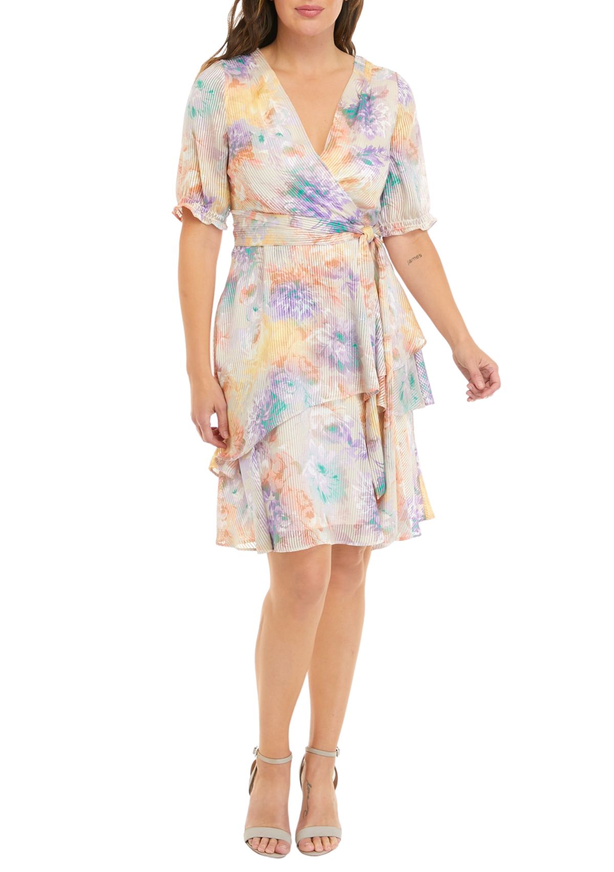 Womens Short Sleeve Ruffle Print Wrap Dress