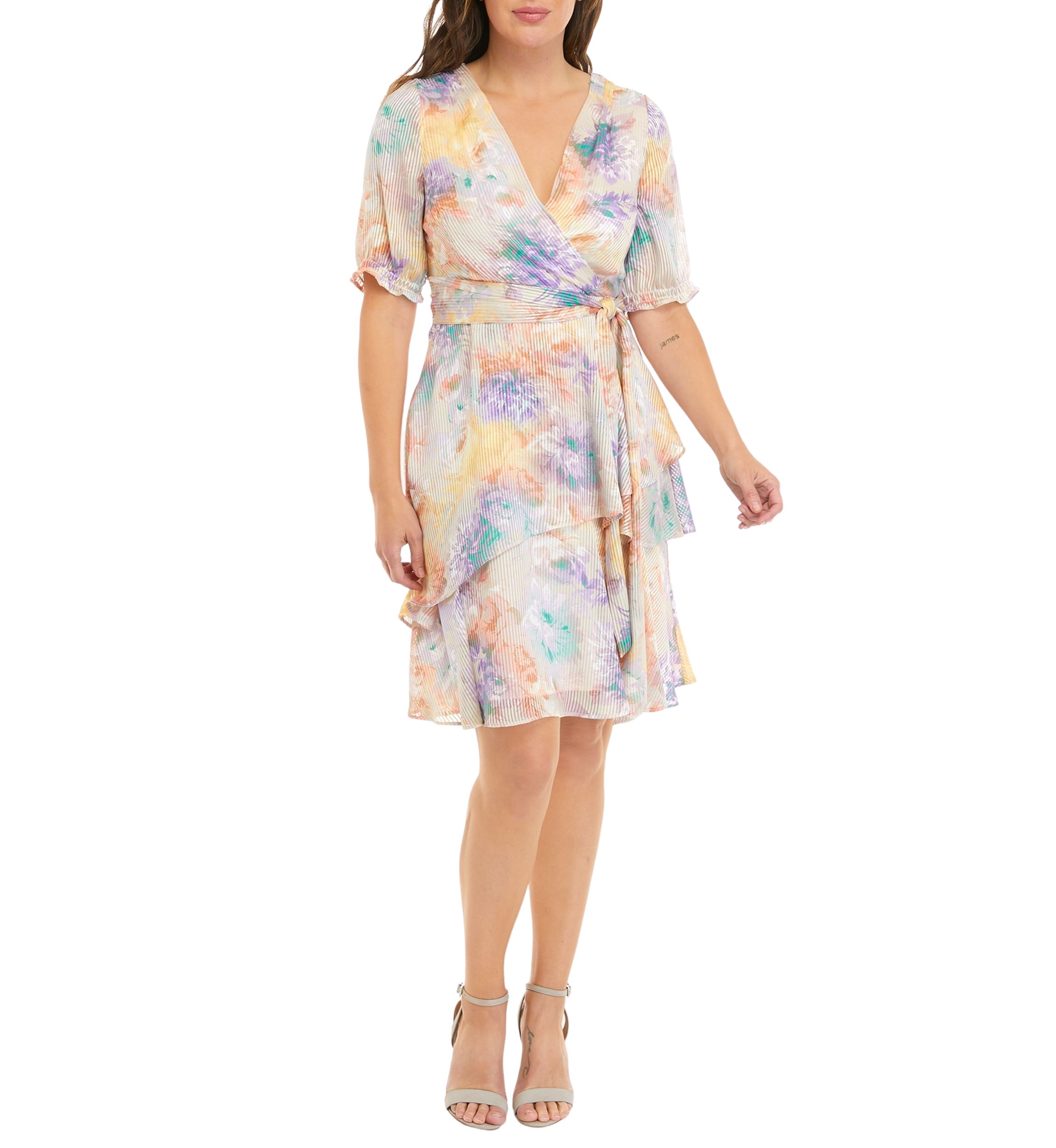 Womens Short Sleeve Ruffle Print Wrap Dress