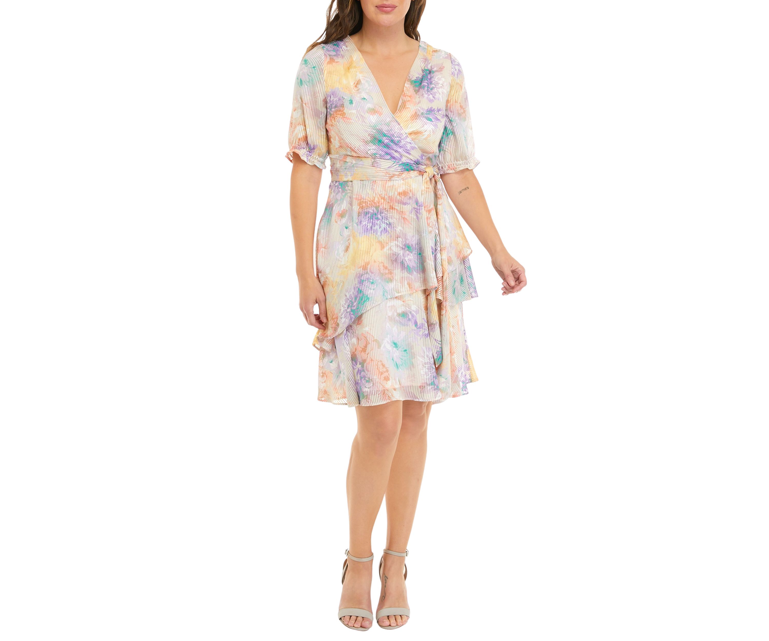 Womens Short Sleeve Ruffle Print Wrap Dress