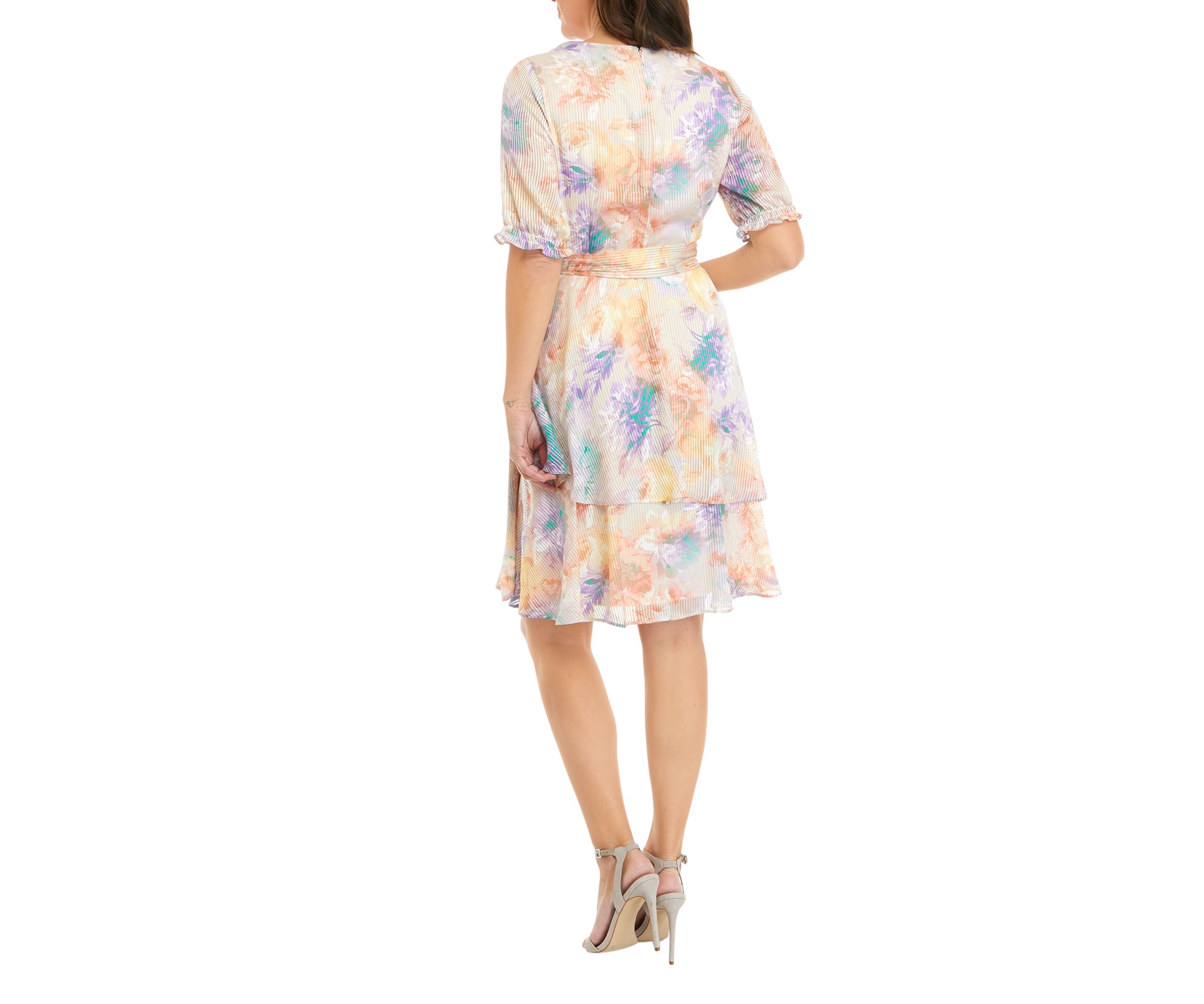 Womens Short Sleeve Ruffle Print Wrap Dress