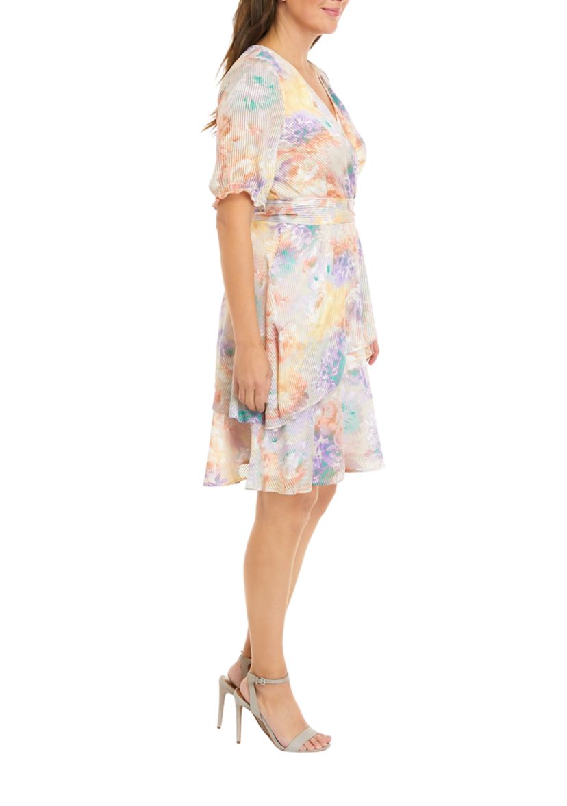 Womens Short Sleeve Ruffle Print Wrap Dress