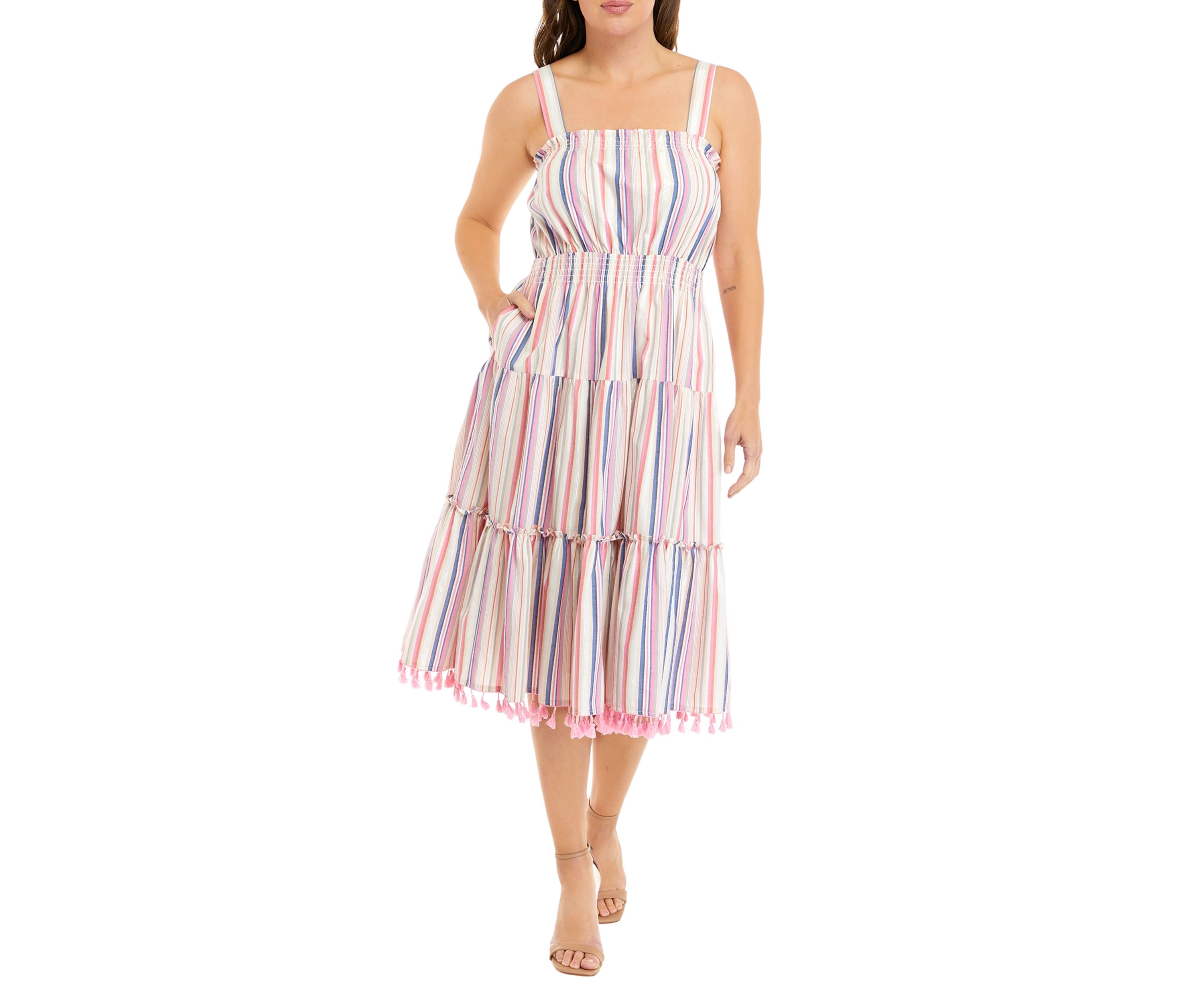 Womens Sleeveless Tiered Stripe Cotton Fringe Dress