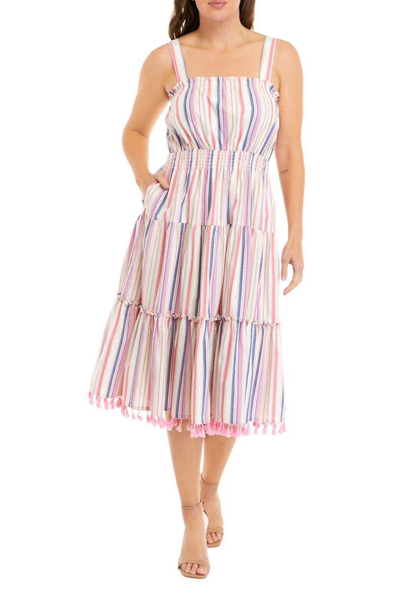 Womens Sleeveless Tiered Stripe Cotton Fringe Dress
