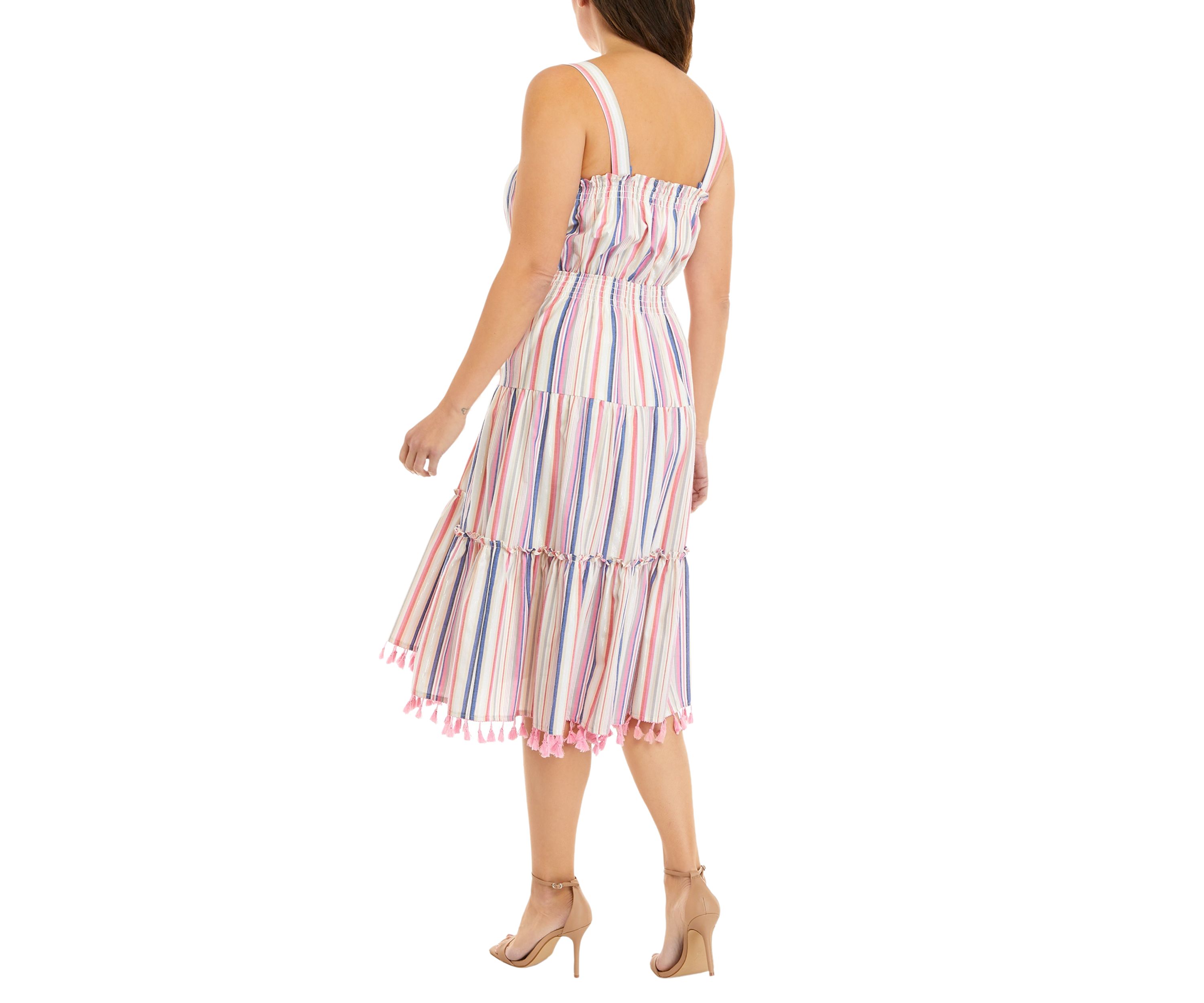 Womens Sleeveless Tiered Stripe Cotton Fringe Dress