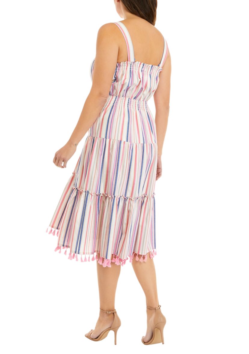 Womens Sleeveless Tiered Stripe Cotton Fringe Dress