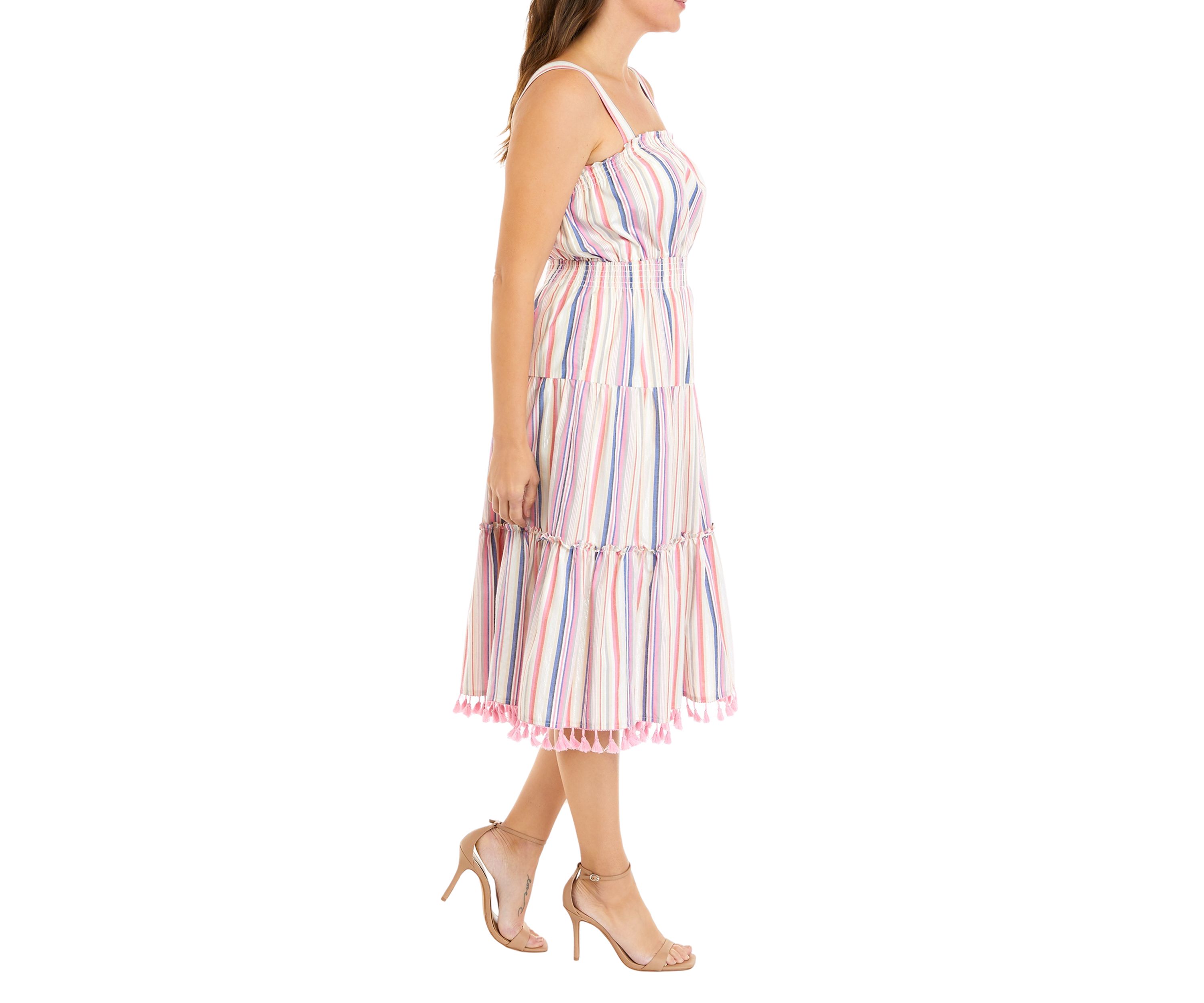 Womens Sleeveless Tiered Stripe Cotton Fringe Dress