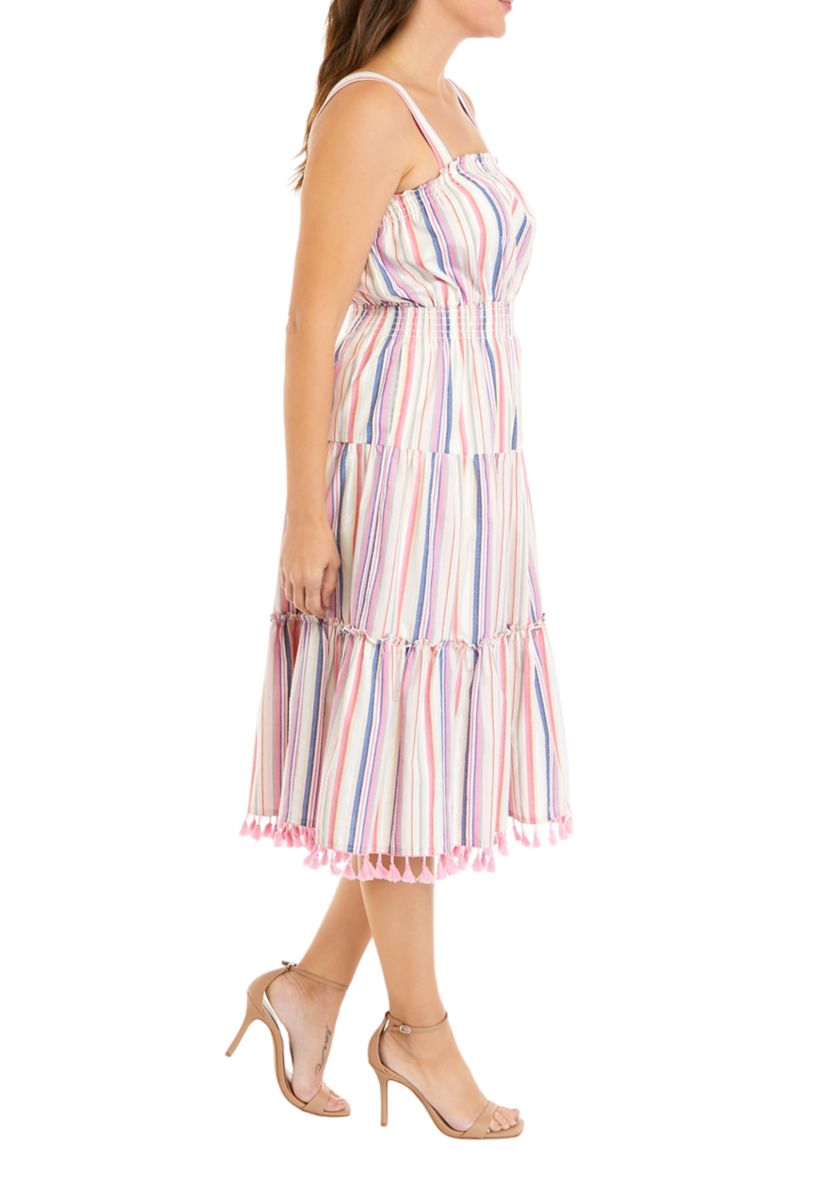 Womens Sleeveless Tiered Stripe Cotton Fringe Dress