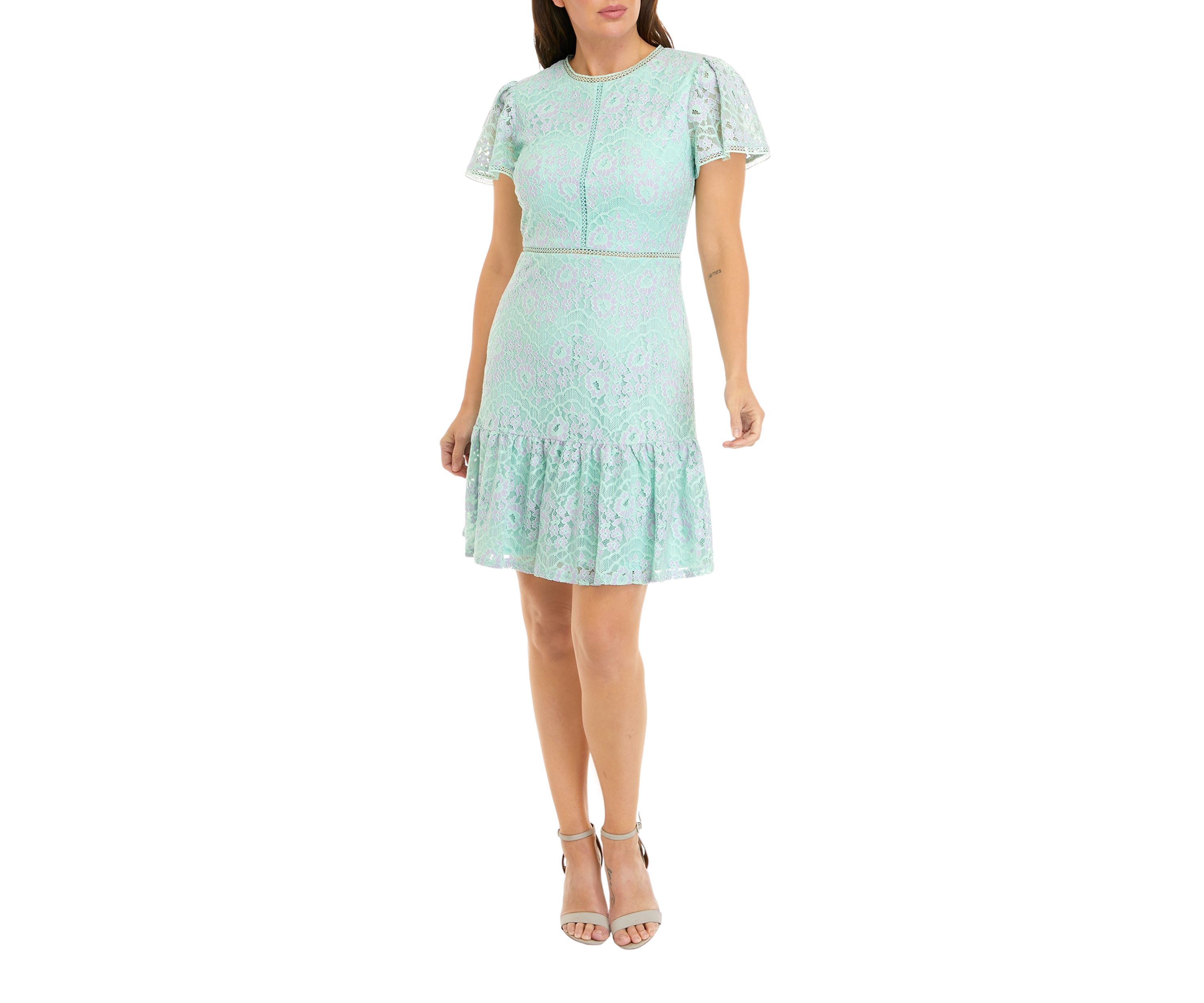 Womens Short Sleeve Ruffle 2-Tone Lace Dress