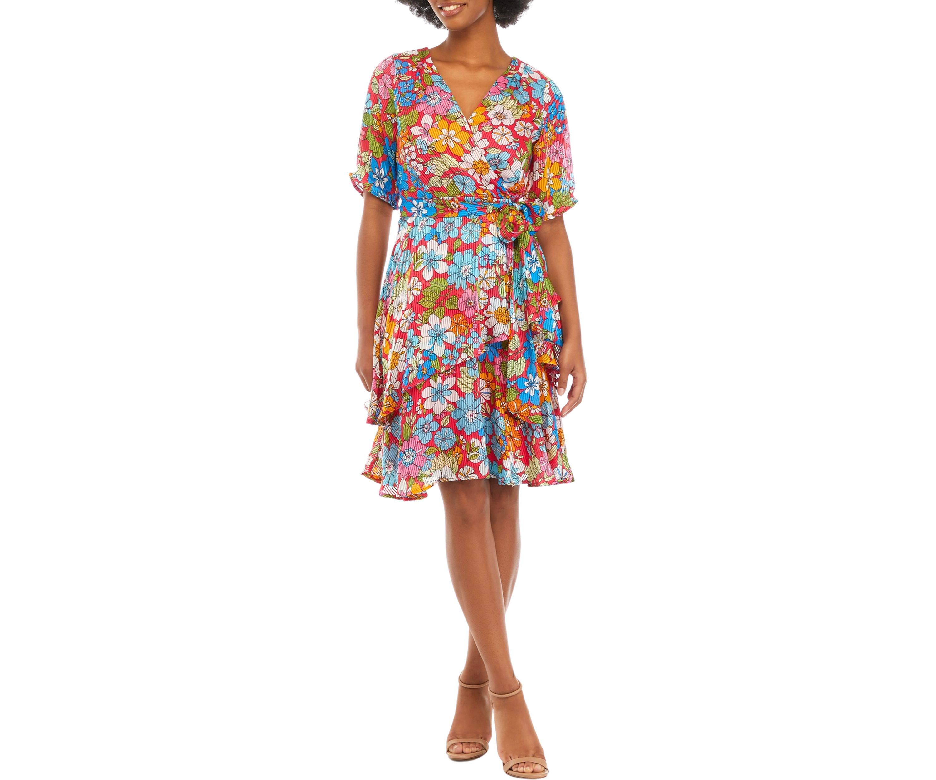 Womens Short Sleeve V-Neck Tie Waist Ruffle Midi Dress
