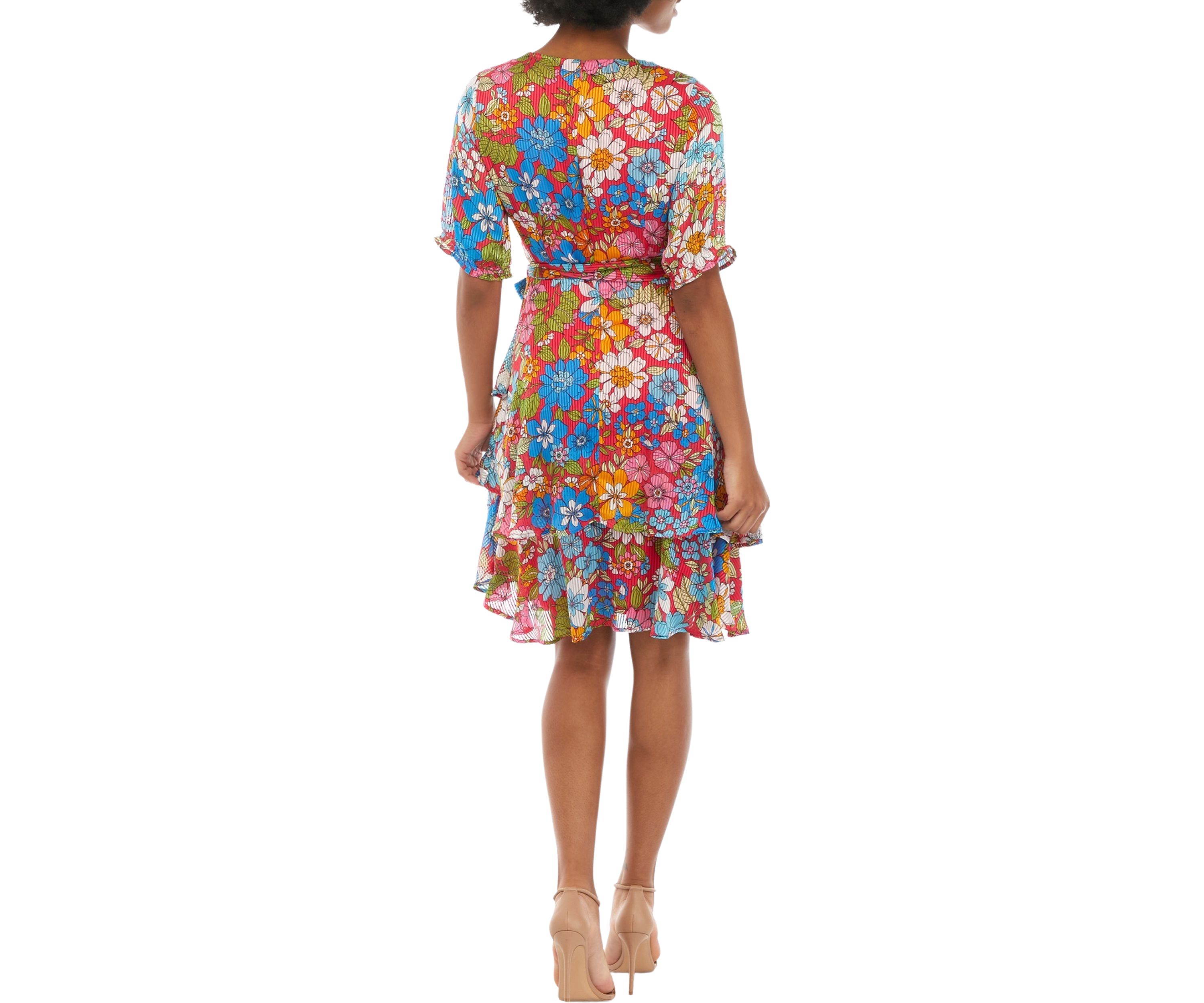 Womens Short Sleeve V-Neck Tie Waist Ruffle Midi Dress