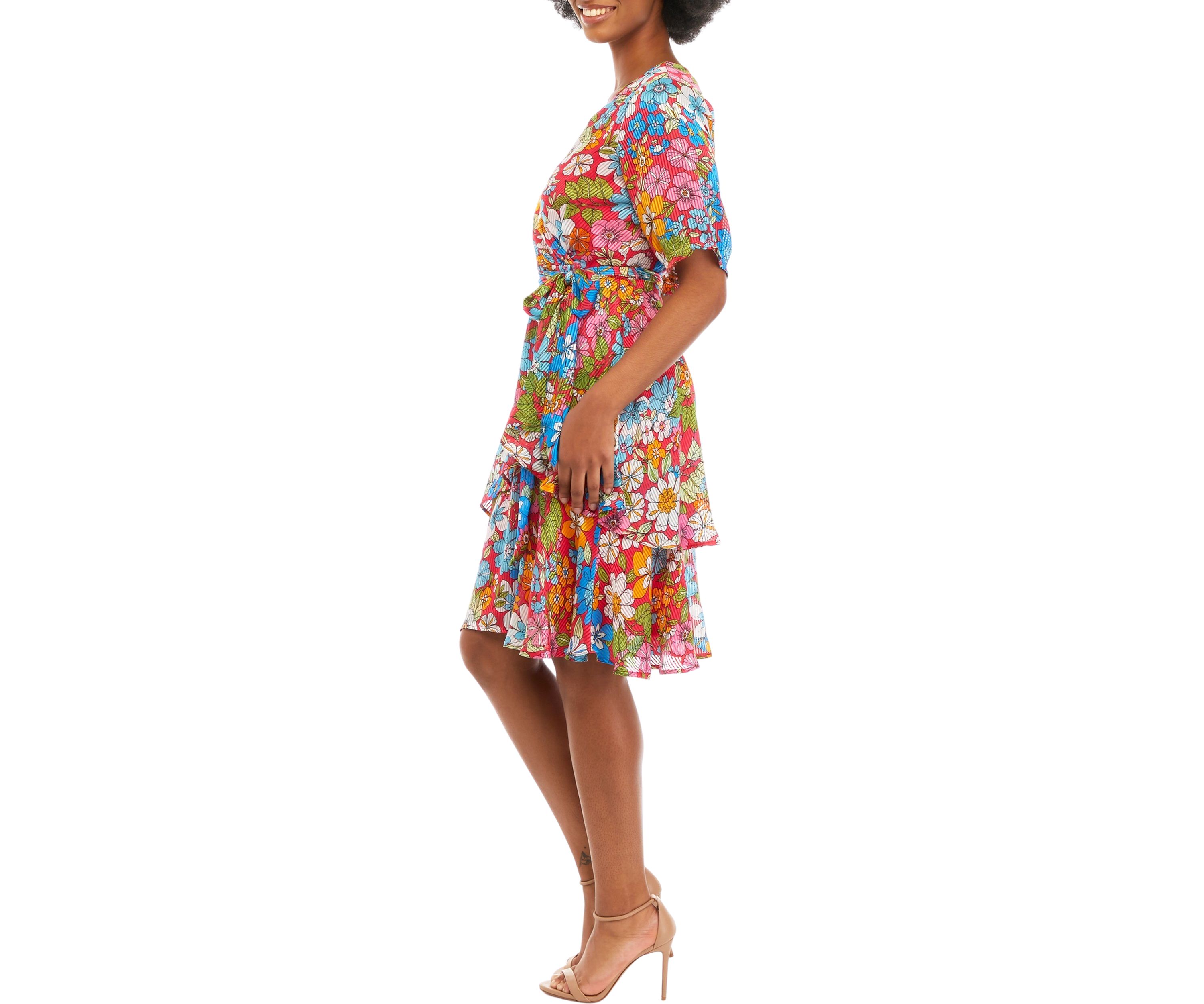 Womens Short Sleeve V-Neck Tie Waist Ruffle Midi Dress