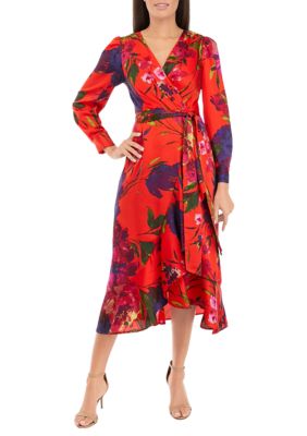 Tahari ASL High Tie Neck Sleeveless Zipper Back Floral Print Fit & Flare  Satin Dress-BLACK MUSTARD / 12 