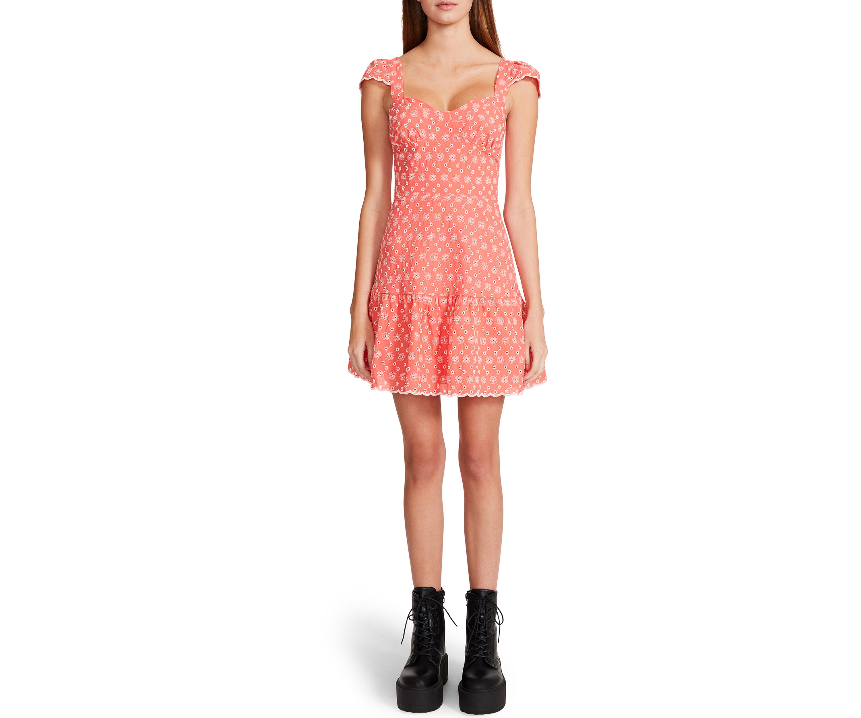 Womens Cap Sleeve Sweetheart Neck Eyelet Dress