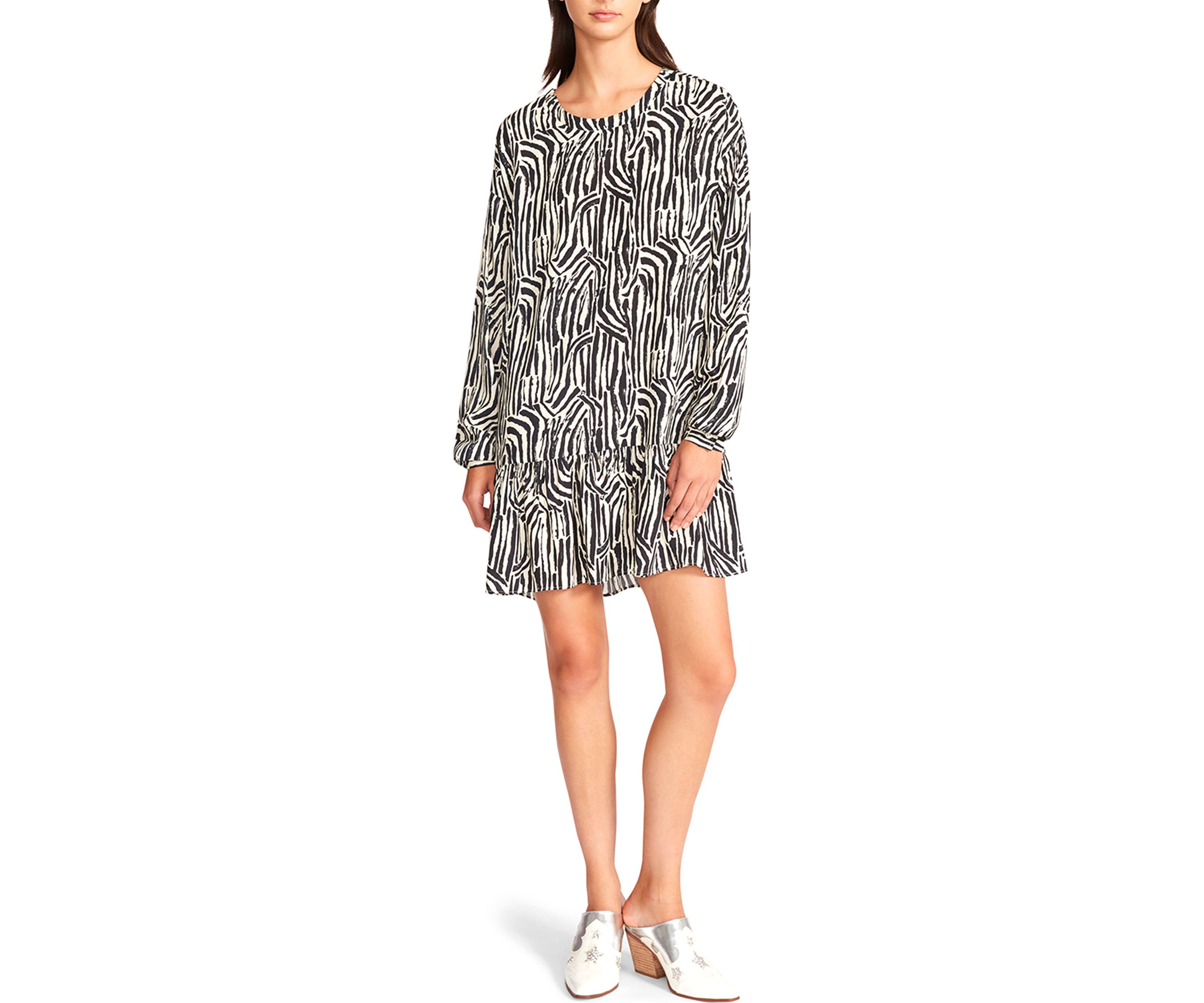 Womens Long Sleeve Black and White Print Babydoll Dress