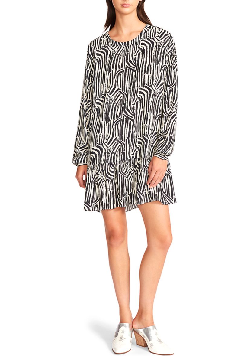 Womens Long Sleeve Black and White Print Babydoll Dress
