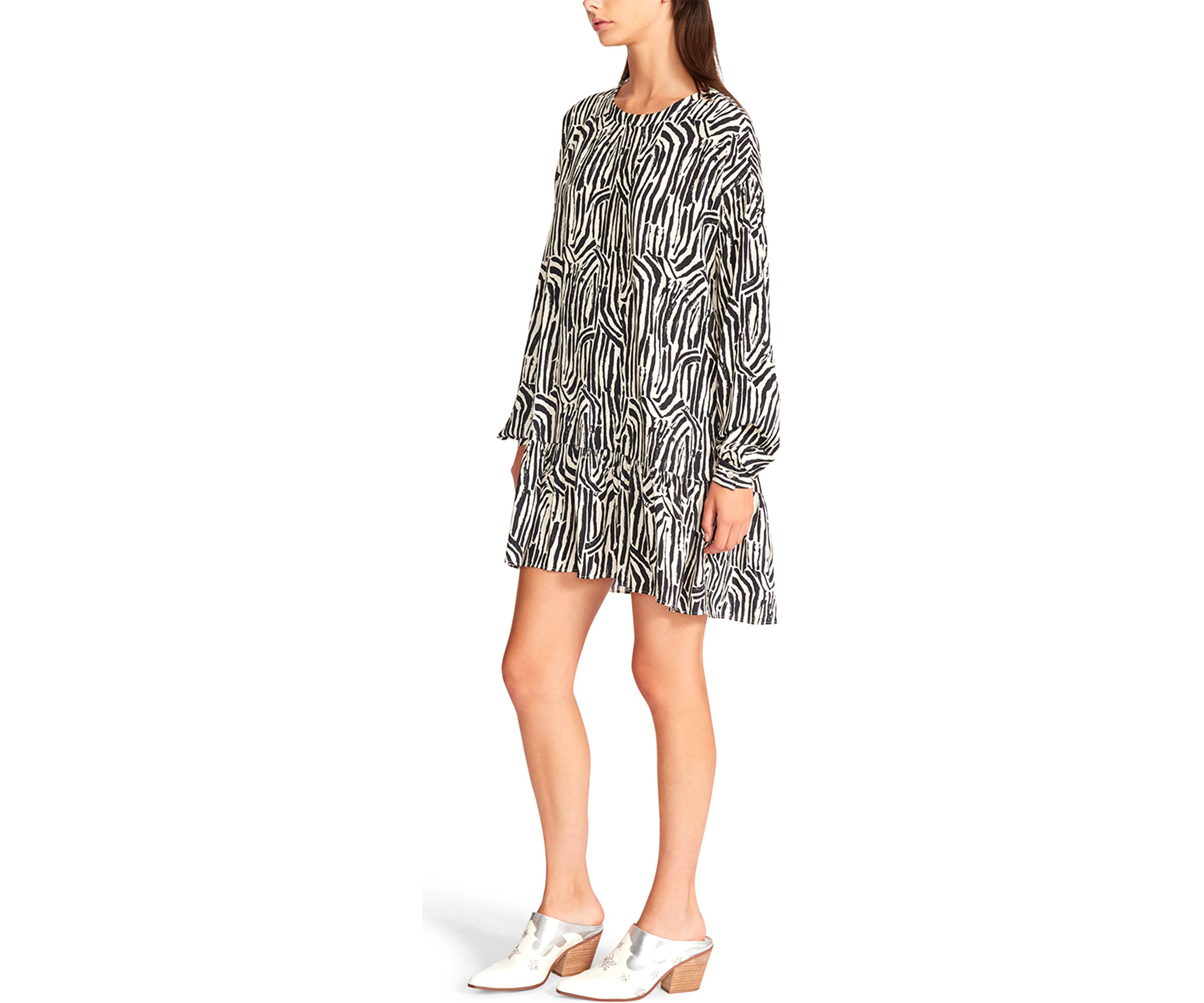 Womens Long Sleeve Black and White Print Babydoll Dress