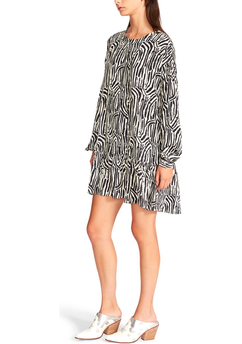 Womens Long Sleeve Black and White Print Babydoll Dress