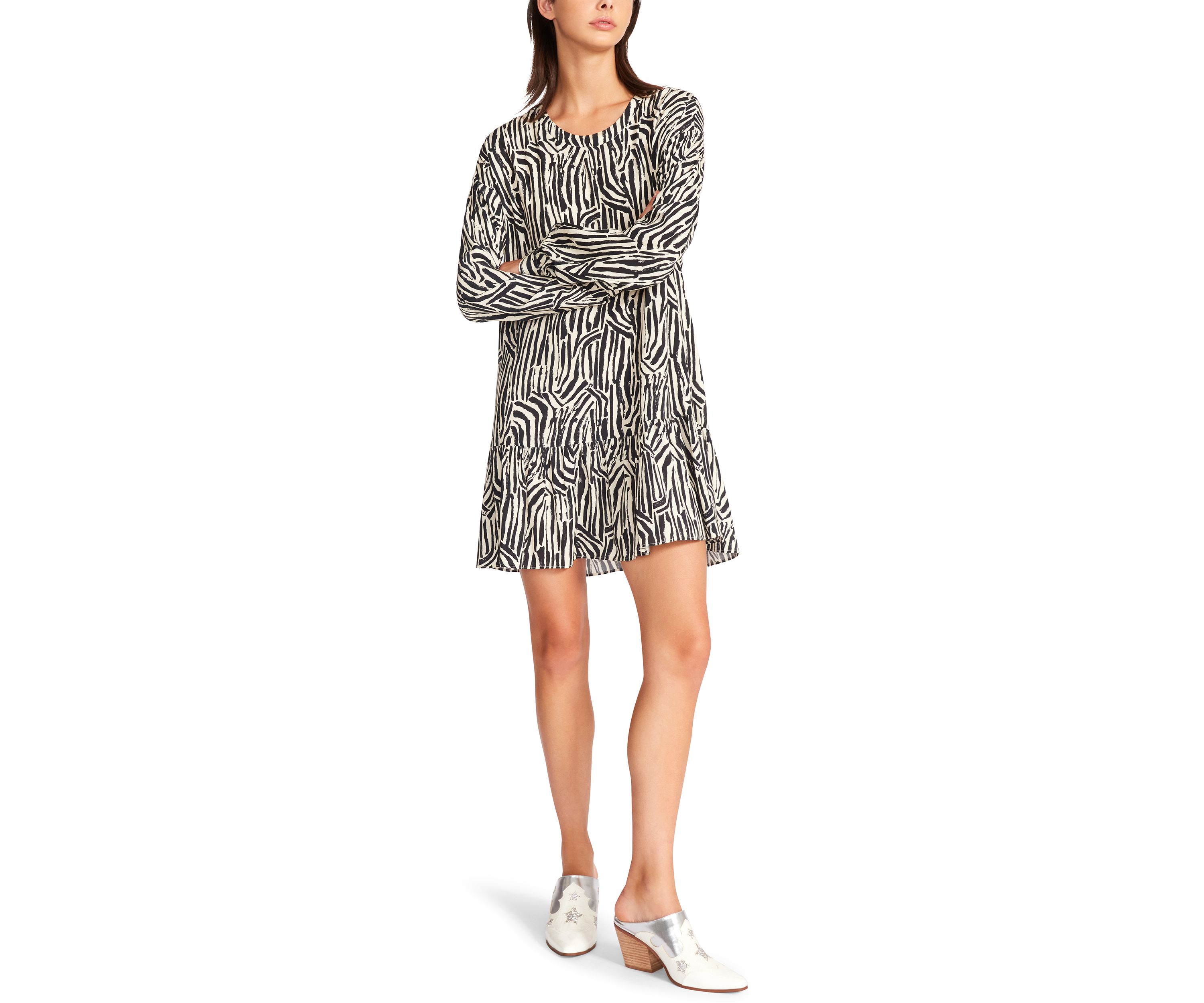 Womens Long Sleeve Black and White Print Babydoll Dress