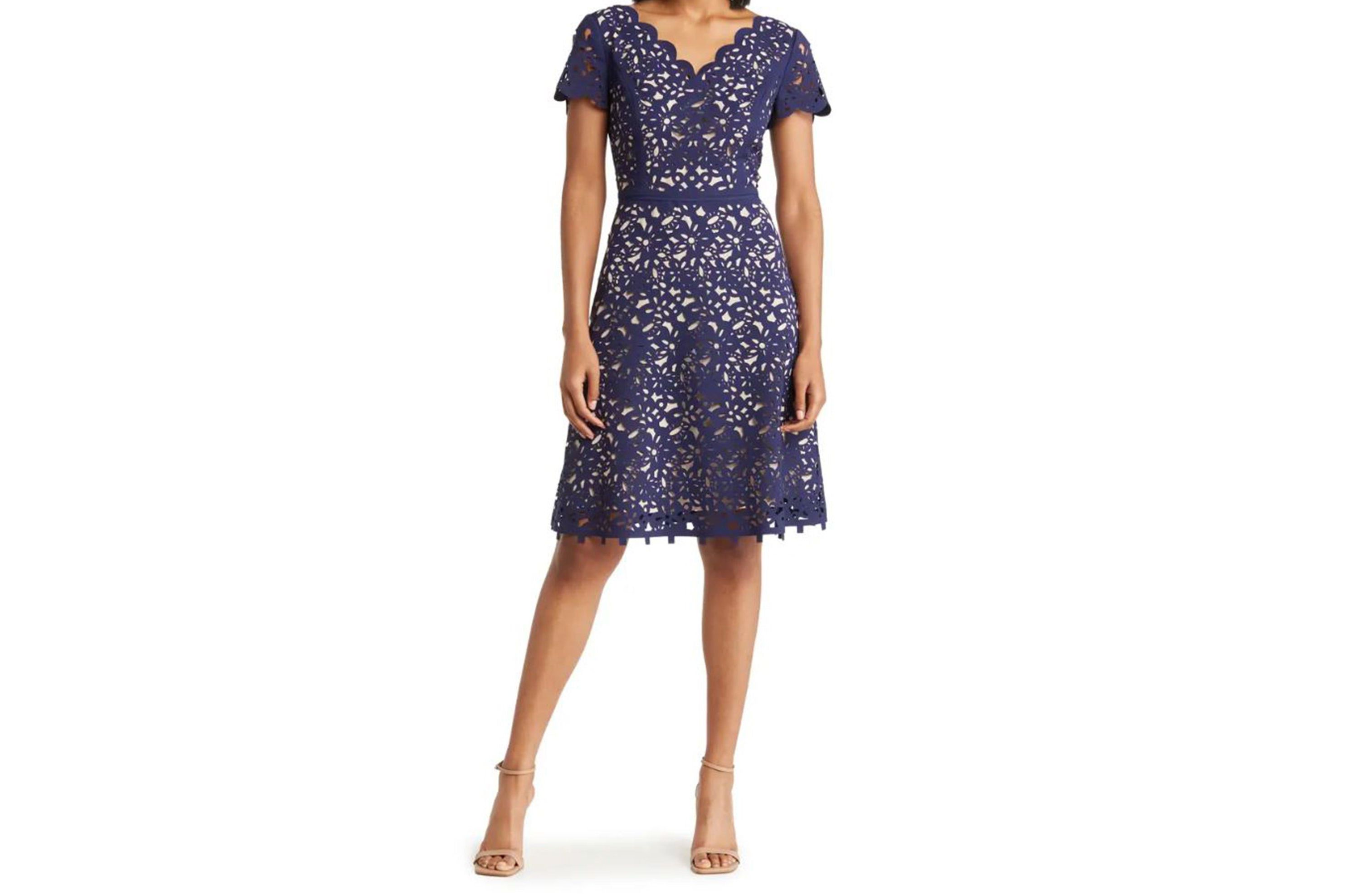 V-Neck Fit and Flare Laser Cutting Dress