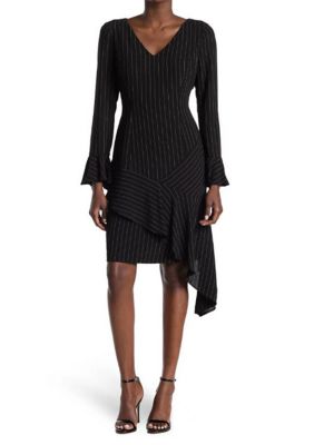 Focus By Shani Women's Stripe V-Neck Dress with Asymmetric Hem, Black, 4