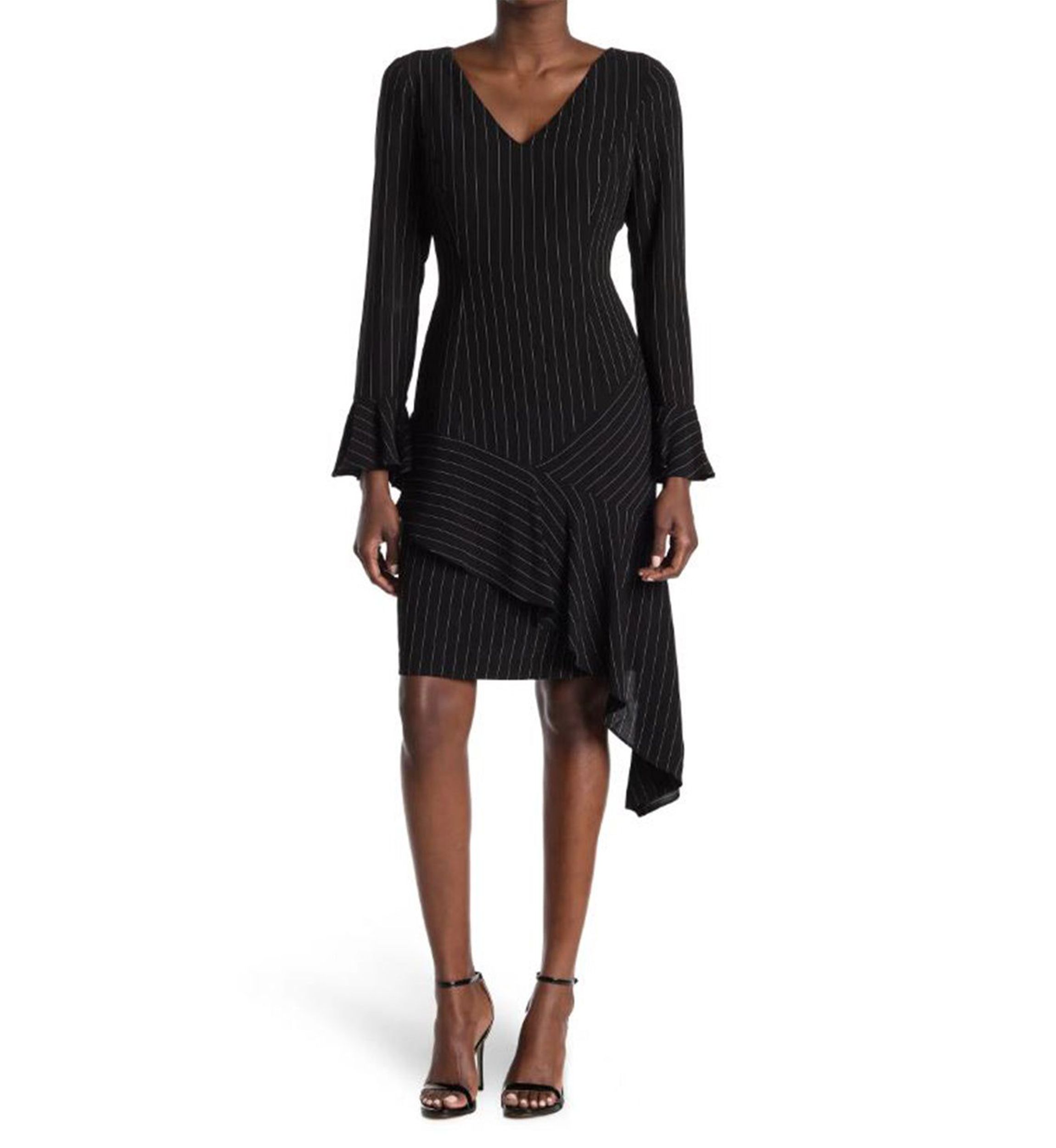 Stripe V-Neck Dress with Asymmetric Hem