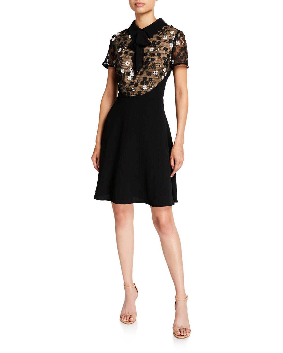 Fit and Flare Crepe Dress with Lace Bodice