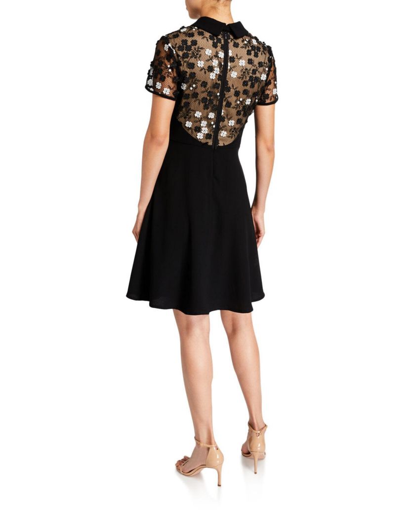 Fit and Flare Crepe Dress with Lace Bodice
