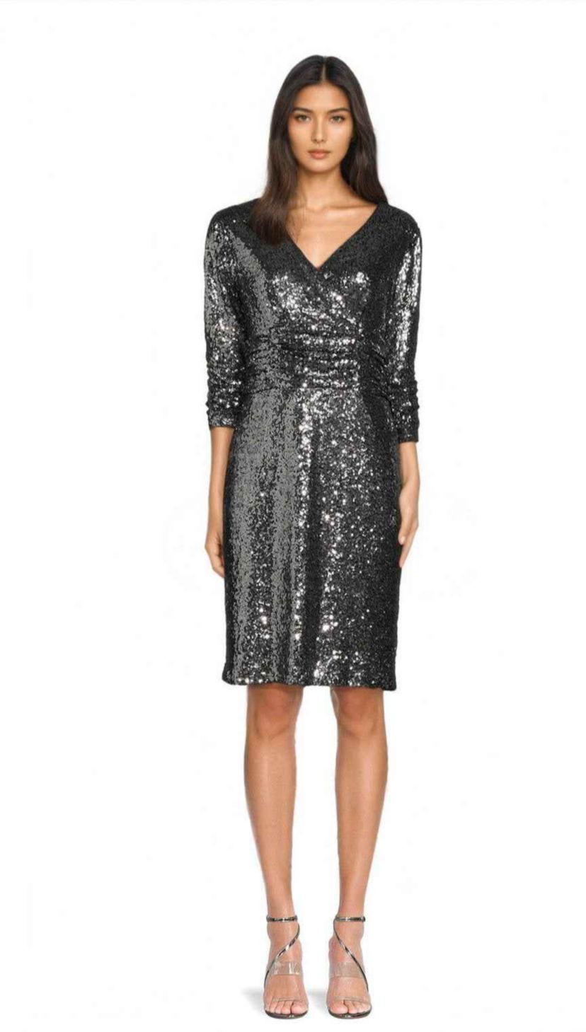 SURPLICE NECKLINE SEQUIN DRESS