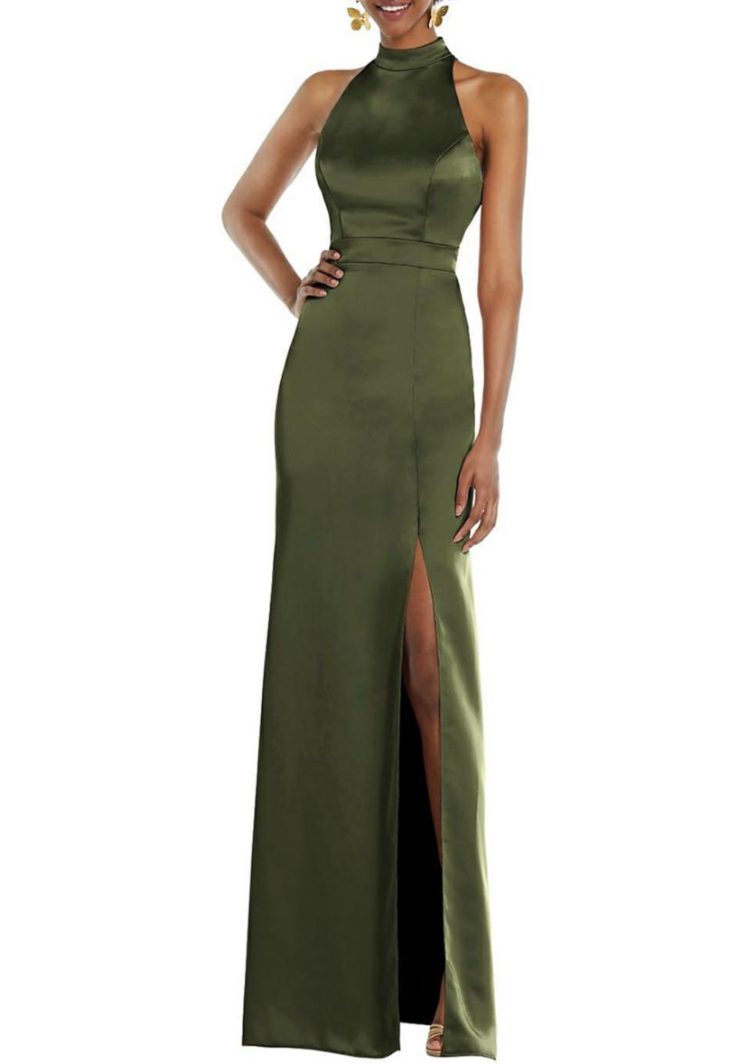 High Neck Backless Maxi Dress with Slim Belt