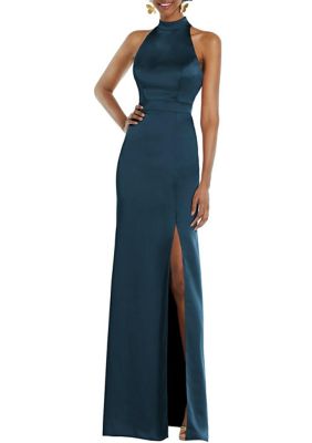 High Neck Backless Maxi Dress with Slim Belt