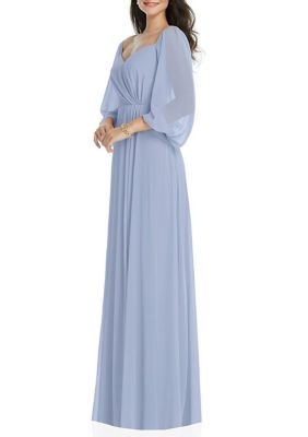 Dessy Collection Women's Off-the-Shoulder Puff Sleeve Maxi Dress with Front Slit, Sky Blue, 6 -  0888293231796