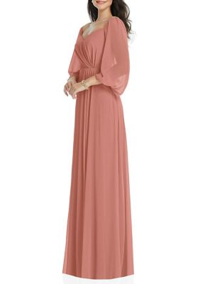 Off-the-Shoulder Puff Sleeve Maxi Dress with Front Slit