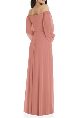 Off-the-Shoulder Puff Sleeve Maxi Dress with Front Slit