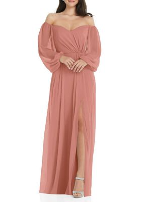 Off-the-Shoulder Puff Sleeve Maxi Dress with Front Slit