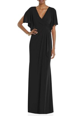 Faux Wrap Split Sleeve Maxi Dress with Cascade Skirt