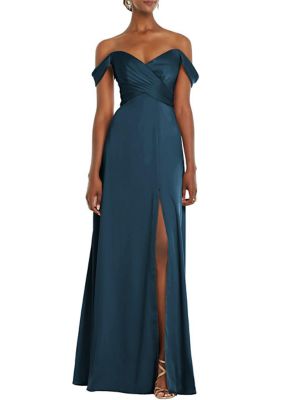 Dessy Collection Women's Off-The-Shoulder Flounce Sleeve Empire Waist Gown With Front Slit