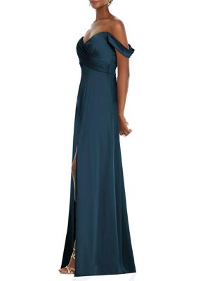 Off-the-Shoulder Flounce Sleeve Empire Waist Gown with Front Slit